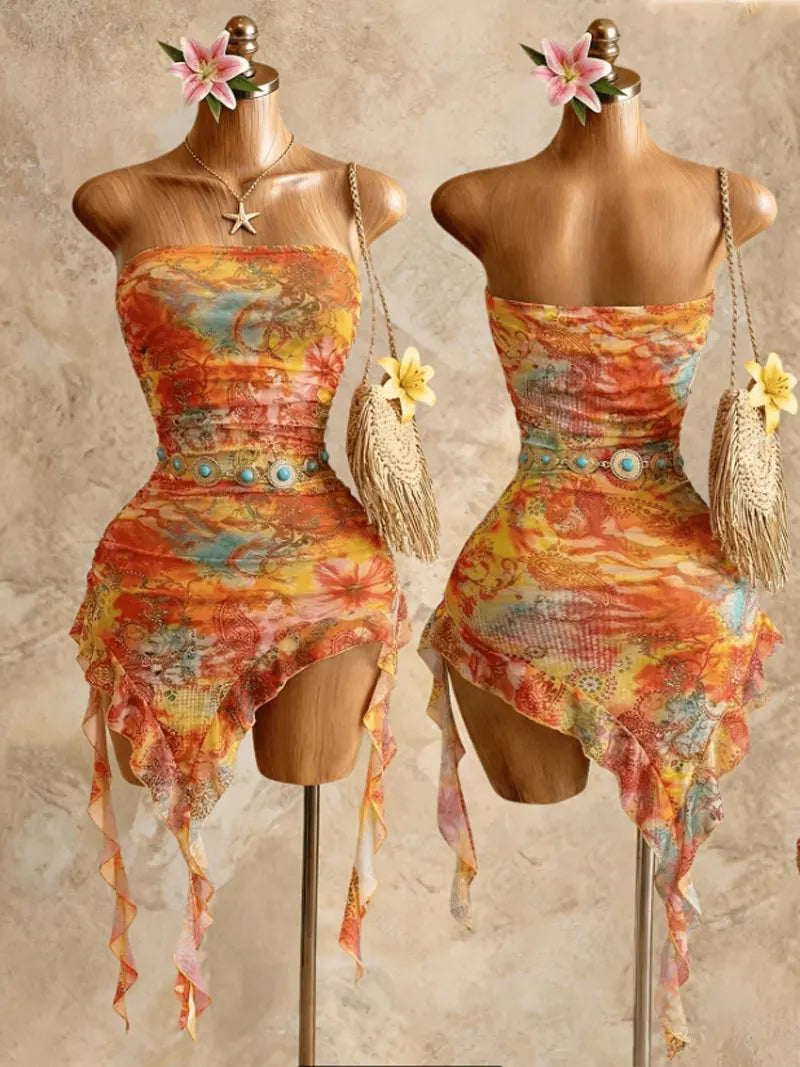 Gisela Multicolor Knit Strapless Asymmetric Tassel-Hem Mini Dress