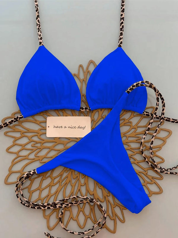 Women's Sexy Solid Halter Bikini Set Lace-Up Low Waist Two-Piece Triangle Thong Swimwear Leopard Tie On Side Brazilian Biquinis