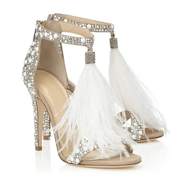 Women Sandals Summer Sexy Pumps Rhinestone Zipper Feather High Heel Apricot Women Wedding Pumps Shoes Size 34-43