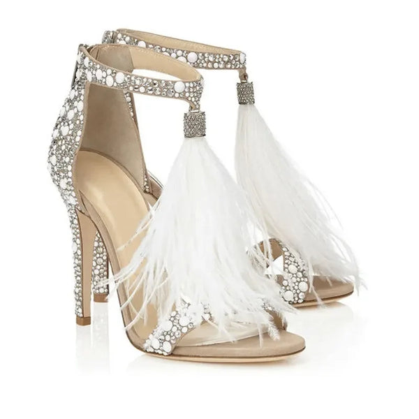 Women Sandals Summer Sexy Pumps Rhinestone Zipper Feather High Heel Apricot Women Wedding Pumps Shoes Size 34-43