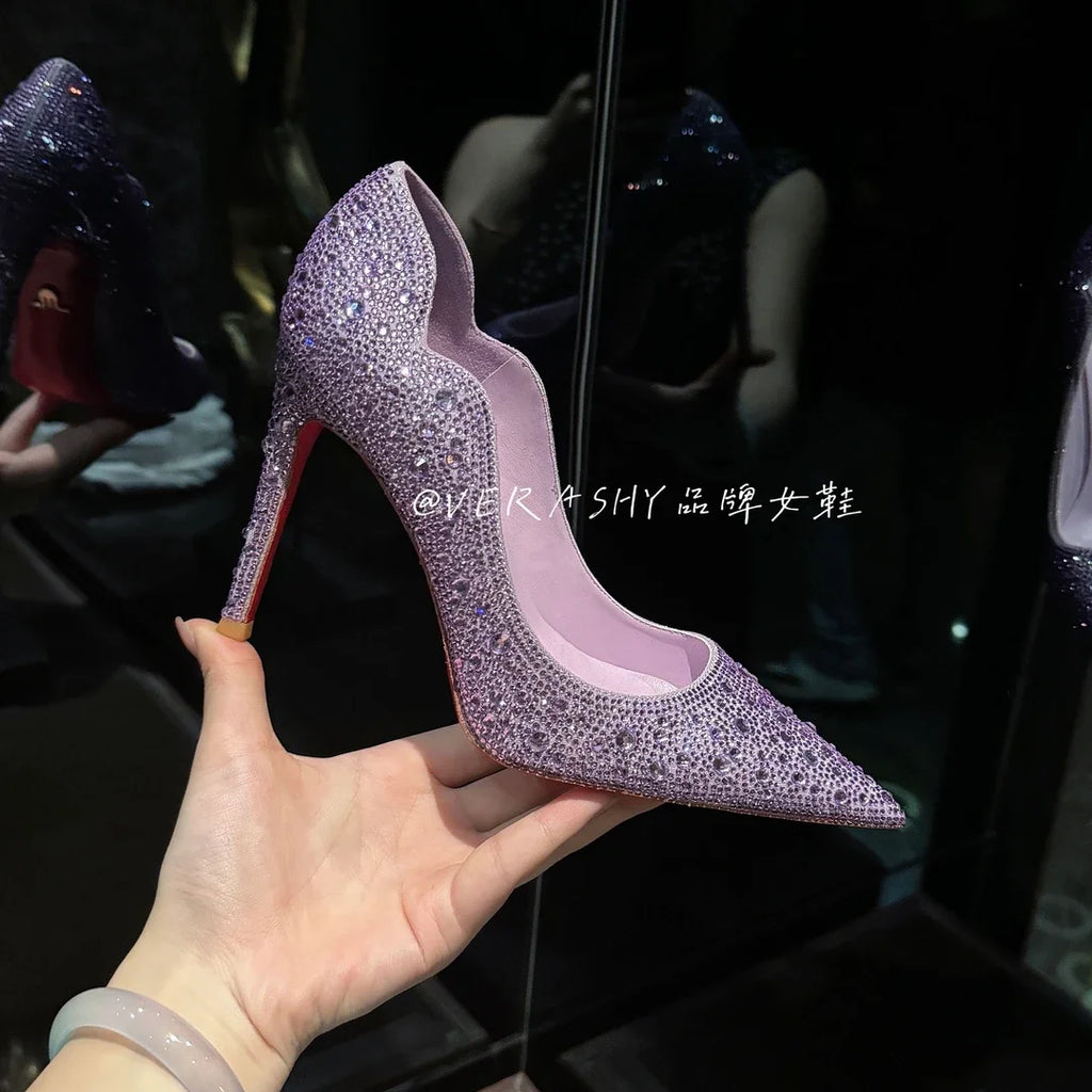 High Heels Women 2025 Spring New gold Sexy Pointy French Thin With Single Shoes Women Crystal Wedding Shoes Women Red Sole Shoe