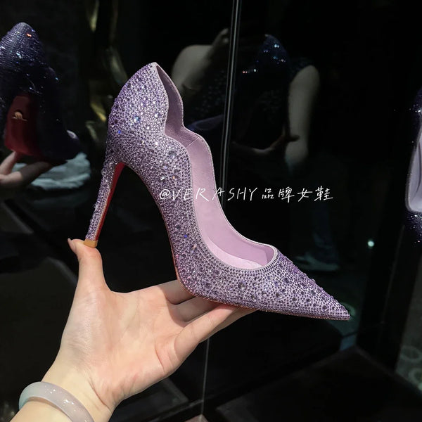 High Heels Women 2025 Spring New gold Sexy Pointy French Thin With Single Shoes Women Crystal Wedding Shoes Women Red Sole Shoe
