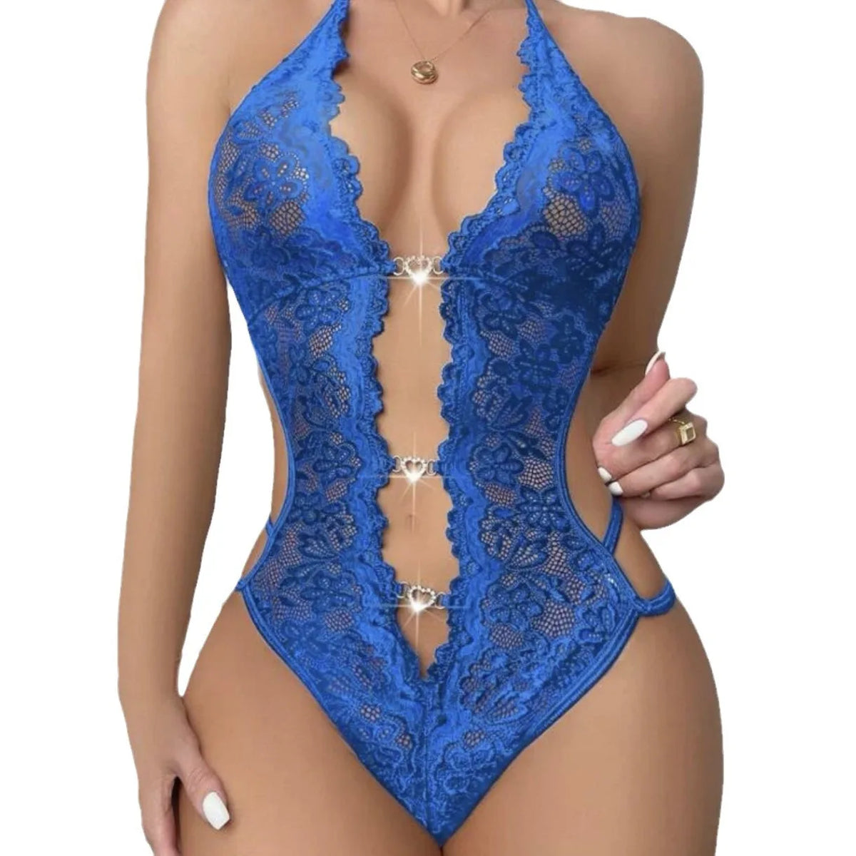 Berenice Heart Rhinestone Lace Halter Plunge Lingerie Teddy