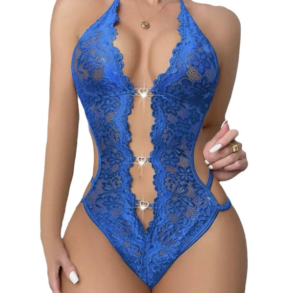 Berenice Heart Rhinestone Lace Halter Plunge Lingerie Teddy