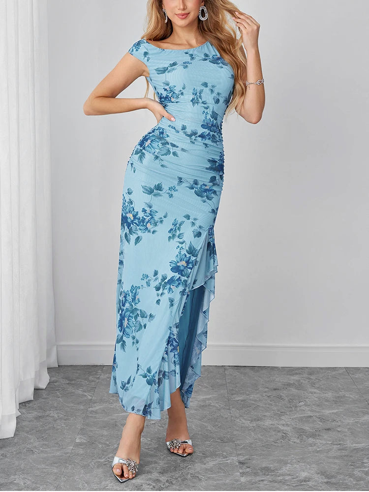 Samara Blue Floral Mesh Ruffle Maxi Dress