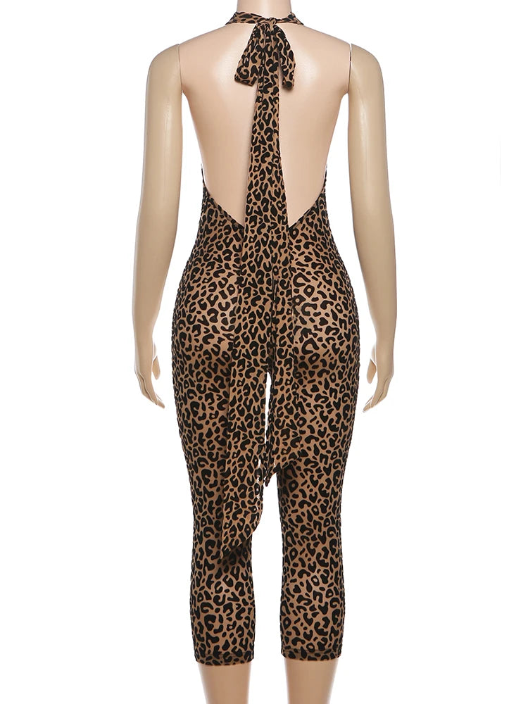 Kliou Leopard Print Playsuits Woman Bandage Halter Backless Sleeveless Skinny Peach Hip Hot Girls Street Style Classic Rompers