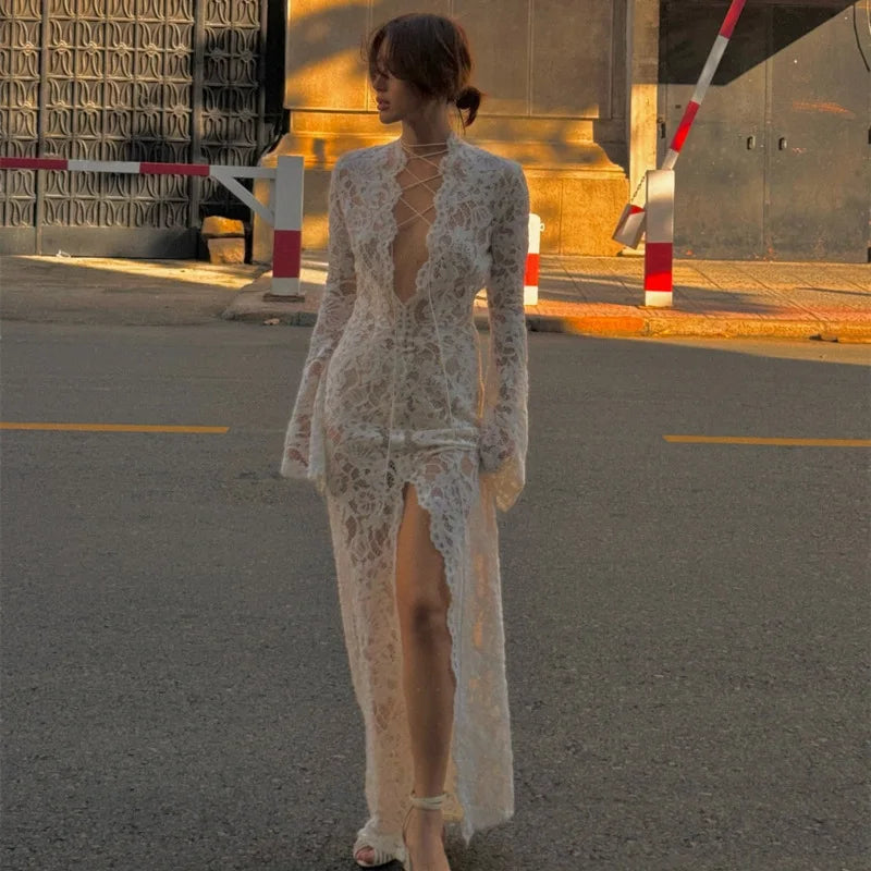 Vivienne Lace-Up Sheer Split Maxi Dress