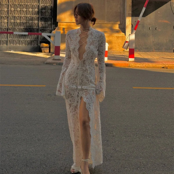 Vivienne Lace-Up Sheer Split Maxi Dress