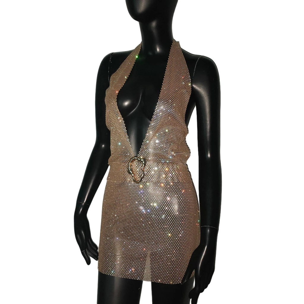 Karina Rhinestone Fishnet Halter Mini Dress