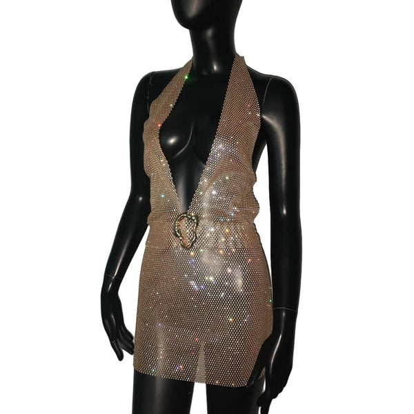 Karina Rhinestone Fishnet Halter Mini Dress