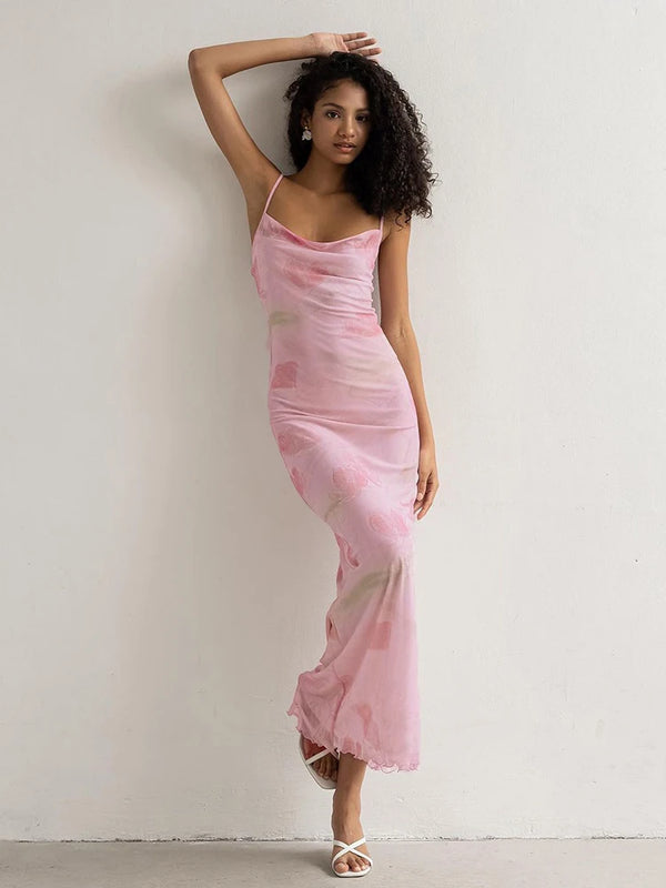 Blossom Printed-Mesh Cami Bodycon Midi Dress