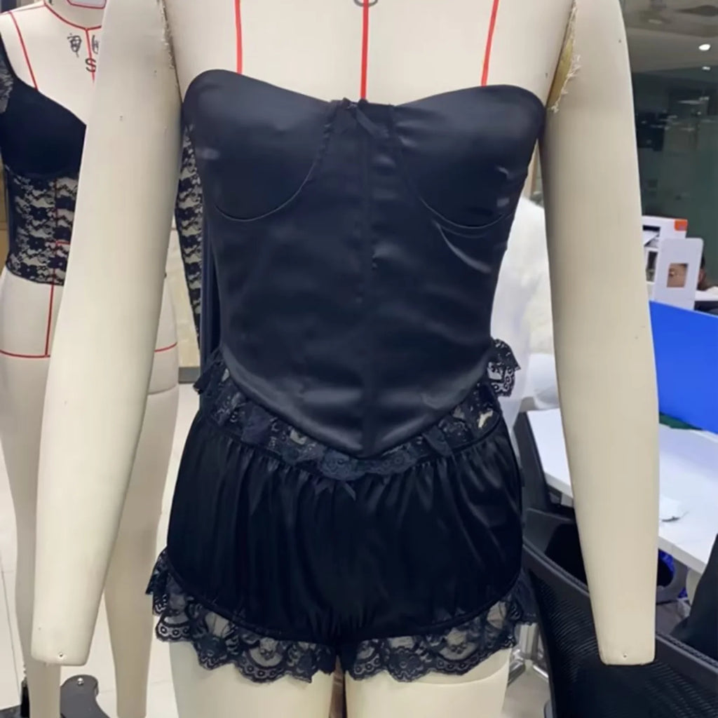 Emmeline Satin Lace Corset Lingerie Two-piece