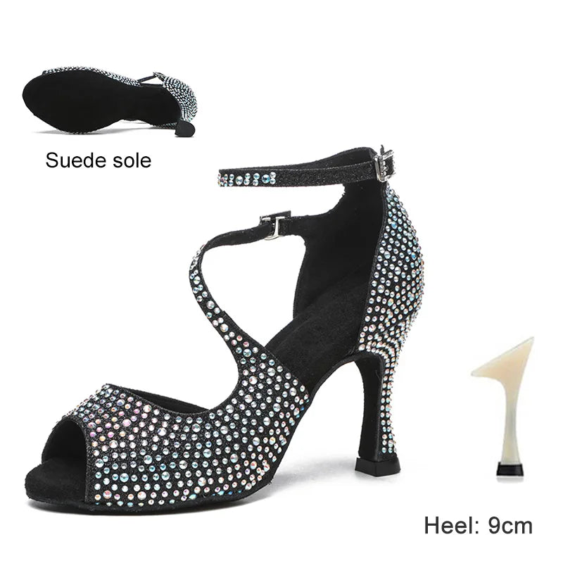 DKZSYIM Latin Dance Shoes For Women Ballroom Tango Rhinestones Dancing Shoes High Heels Black/Silver/Gold Women's Wedding Shoes