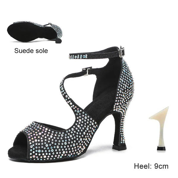DKZSYIM Latin Dance Shoes For Women Ballroom Tango Rhinestones Dancing Shoes High Heels Black/Silver/Gold Women's Wedding Shoes