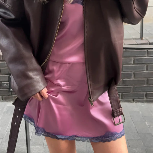 hirigin Summer French Women Satin Pajama Skirts Bottoms Lace Trim Silk Lounge Skirts High Elastic Waist Y2K Vintage Streetwear