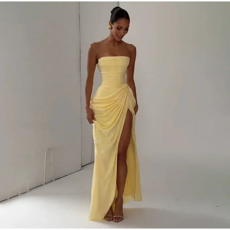 Elise Strapless Pleated Slit Maxi Dress