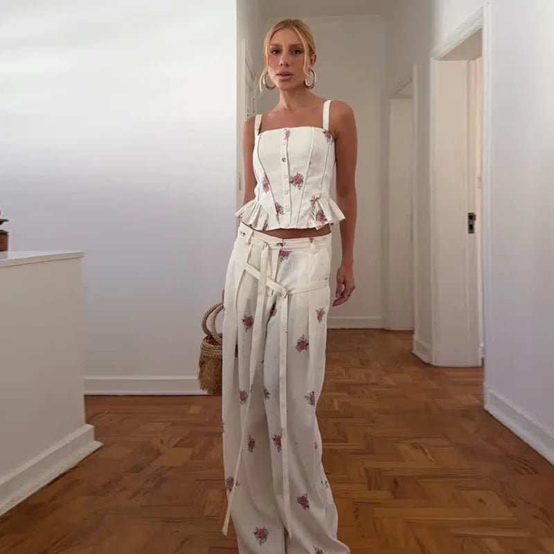 Valentina Striped Lace-Up Tube Top & Wrap Wide-Leg Pants Two-piece