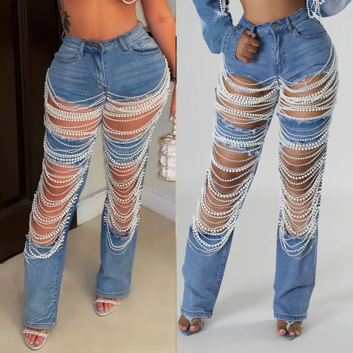 Zahara Pearl-Beaded Hollow-Out Jeans One-piece Main image