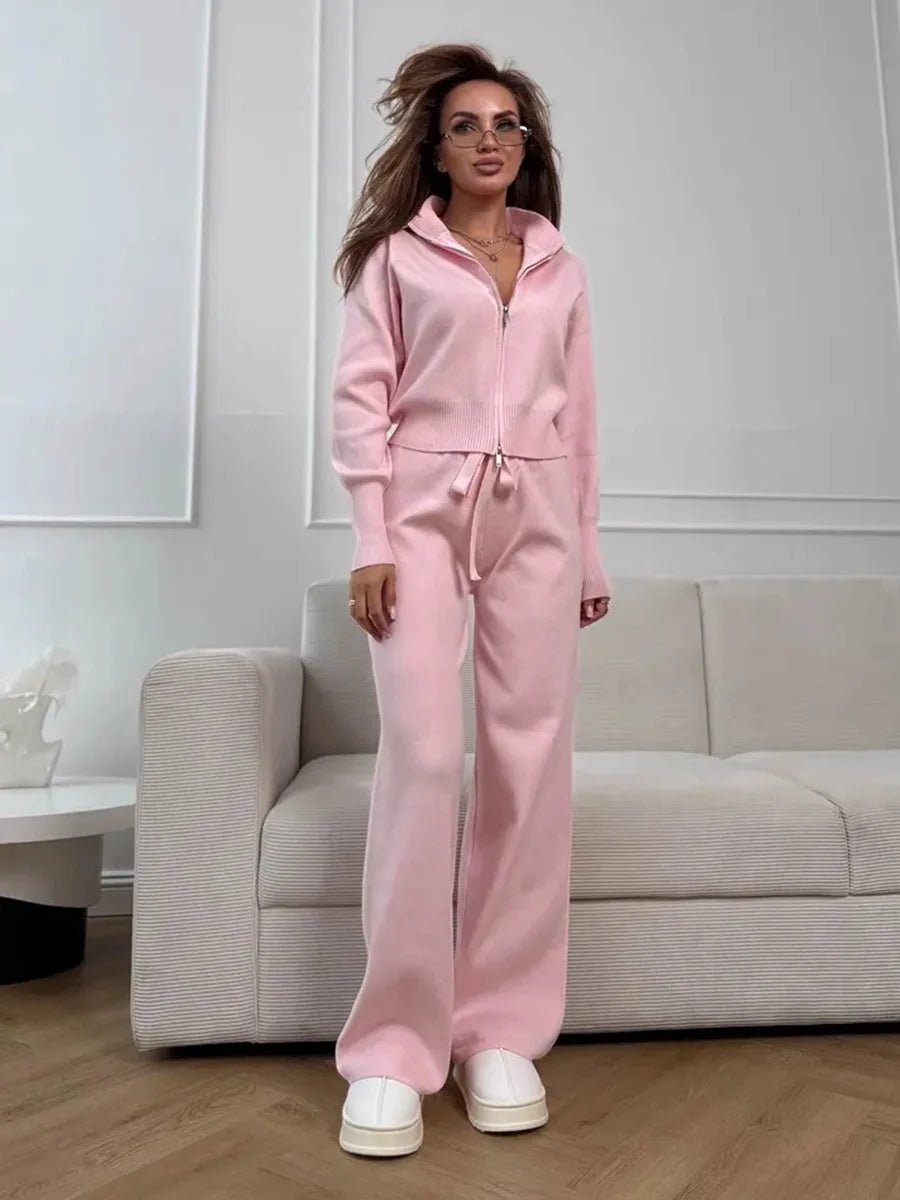 Sigourney Knit Zip-Up Cropped Cardigan & Wide-Leg Pants Two-Piece Set