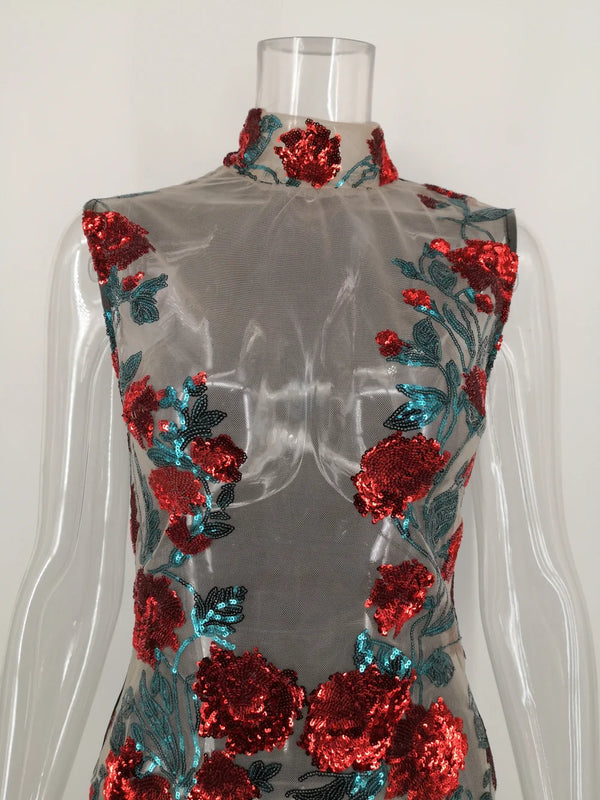 Iseult Sheer Mesh Floral Sequin Plunge Bodycon Mini Dress