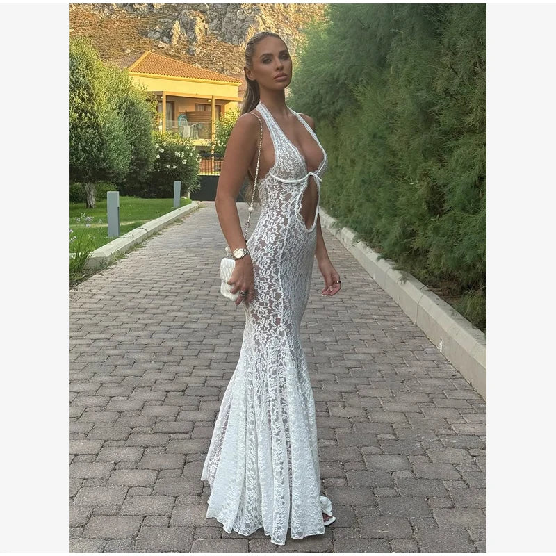 Thessaly Lace Halter Cutout Backless Mermaid Maxi Dress