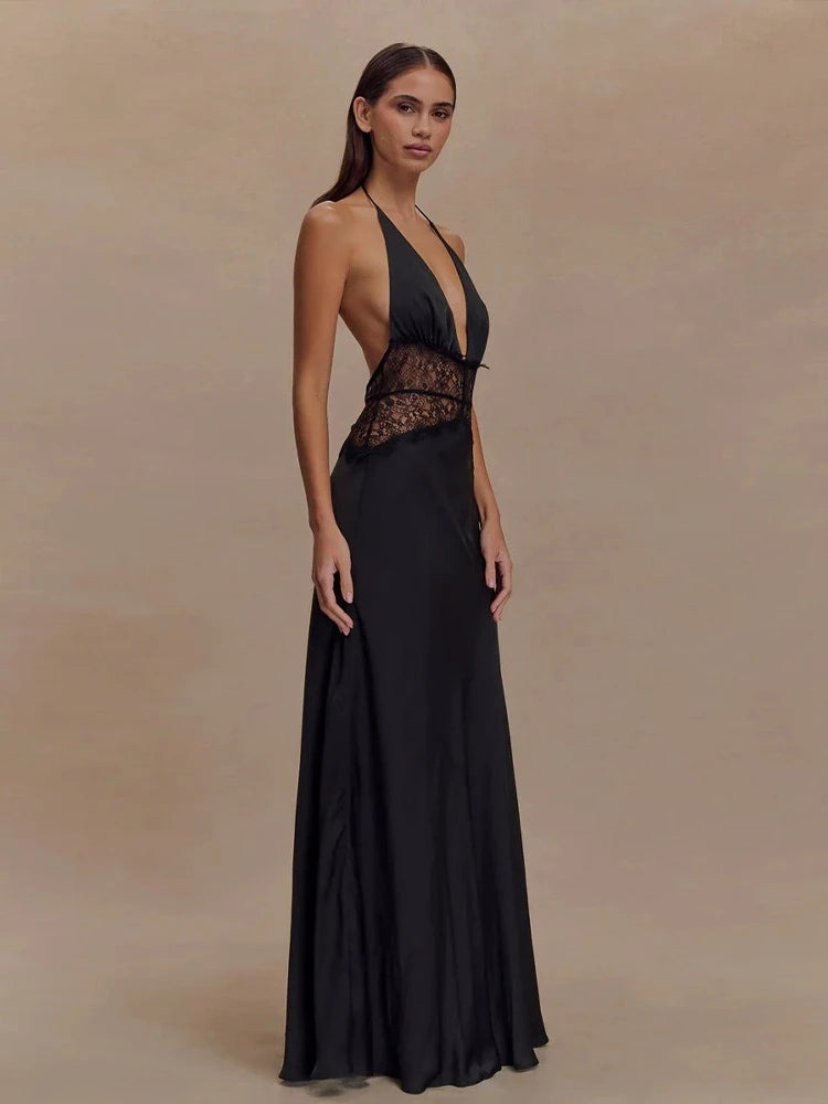 Sexy Deep V-neck Backless Lace Patchwork Satin Dresses for Women 2026 Summer Halter Sleeveless Long Maxi Party Evening Dress Secondary image