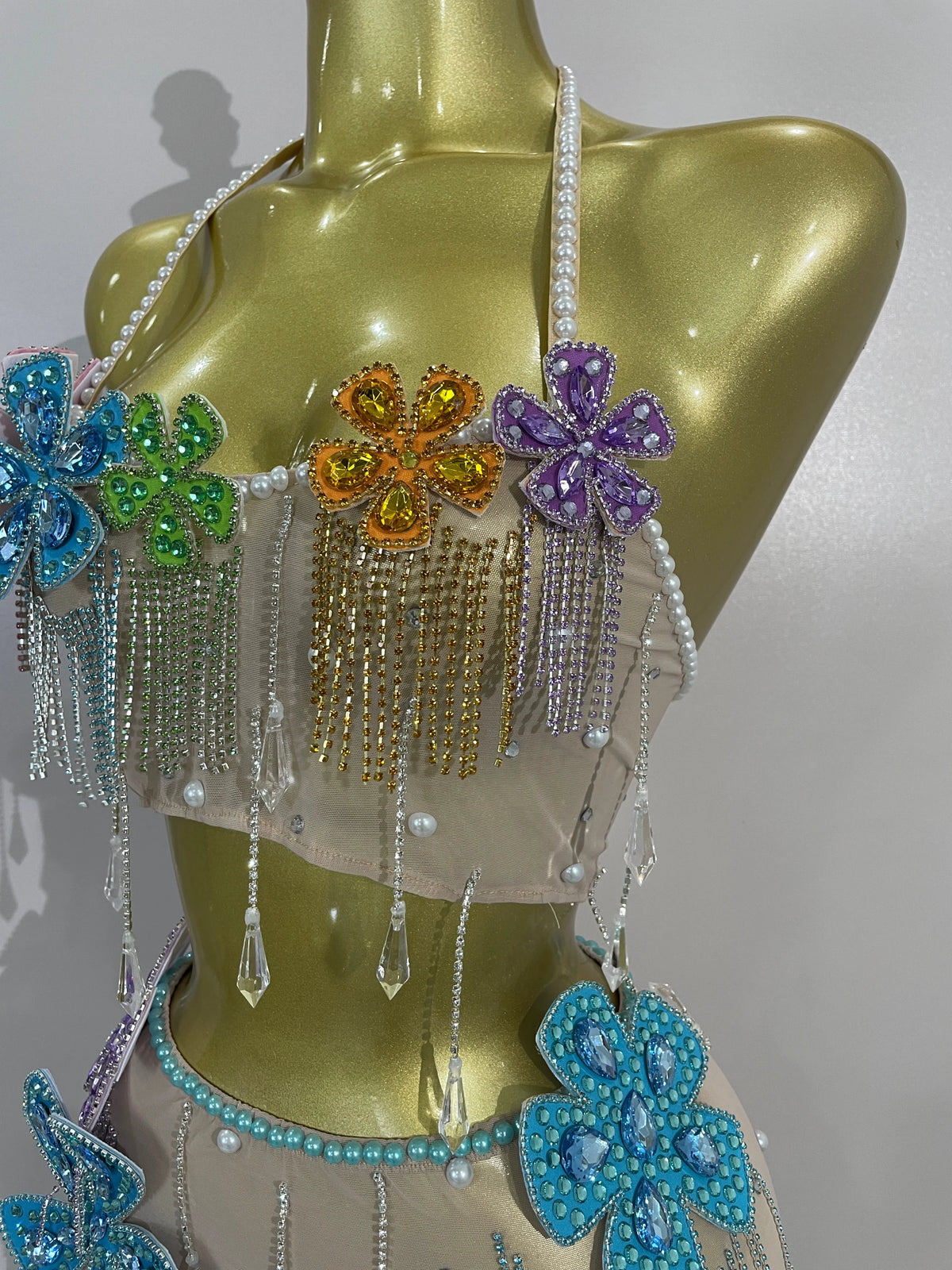 Esmeralda Crystal Fringe Flower Bra Top & Mini Skirt Two-piece