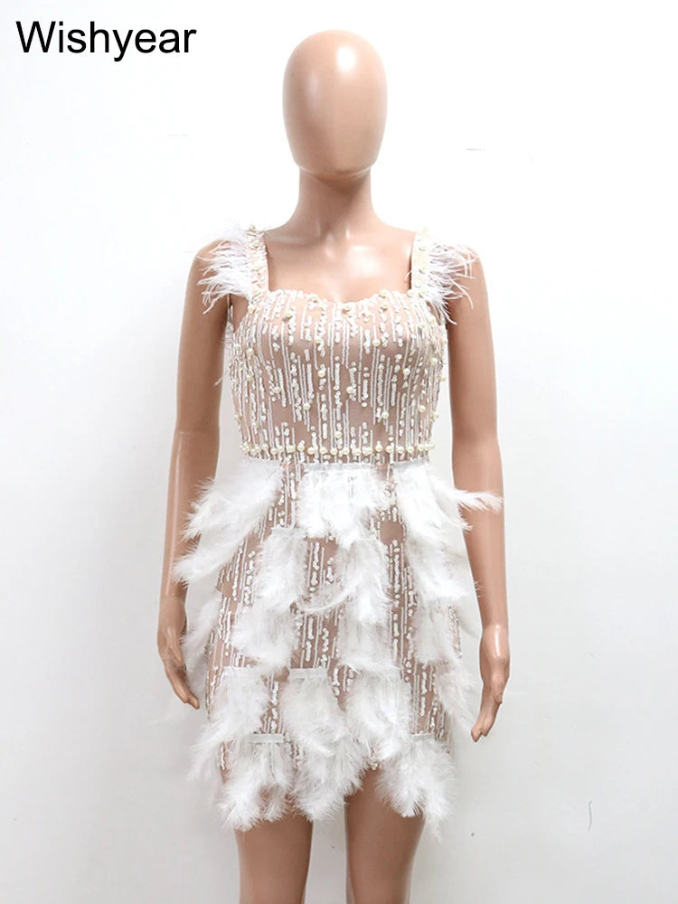 Leonora Pearl Feather-Strap Bodycon Midi Dress