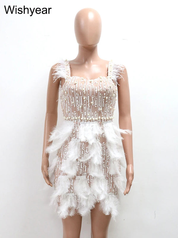 Leonora Pearl Feather-Strap Bodycon Midi Dress