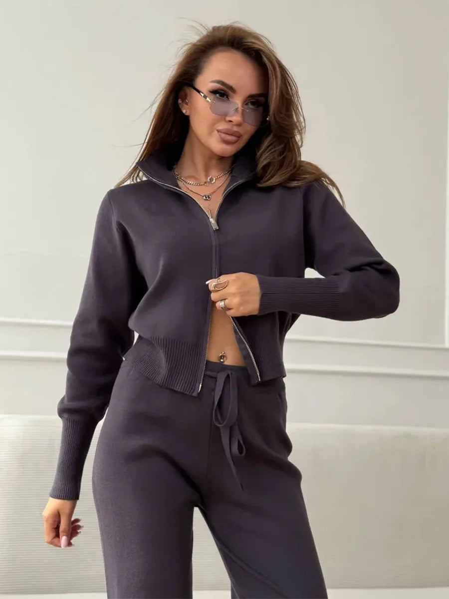 Sigourney Knit Zip-Up Cropped Cardigan & Wide-Leg Pants Two-Piece Set