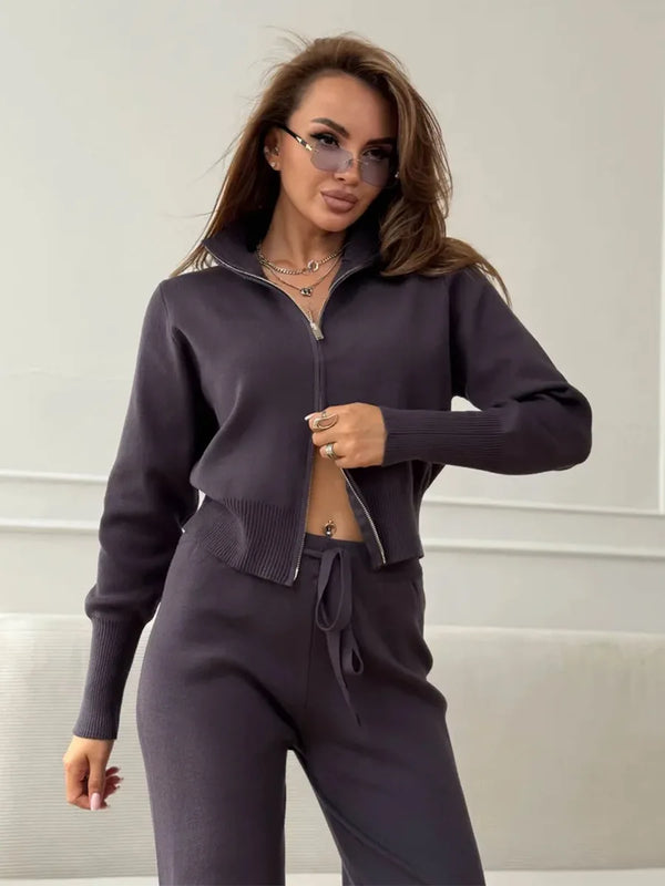 Sigourney Knit Zip-Up Cropped Cardigan & Wide-Leg Pants Two-Piece Set