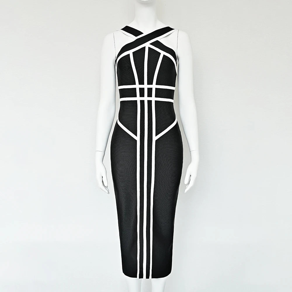 BEAUKEY Classic White And Black Stripes Bandage Long Evening Dress Luxury Contrast Vintage Woman Bodycon Elastic Dress Slim Midi