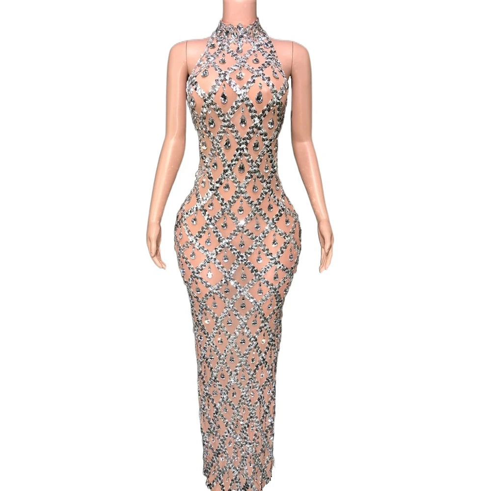 Domitilla Silver Crystal Sheer Mesh Mock-Neck Backless Maxi Gown