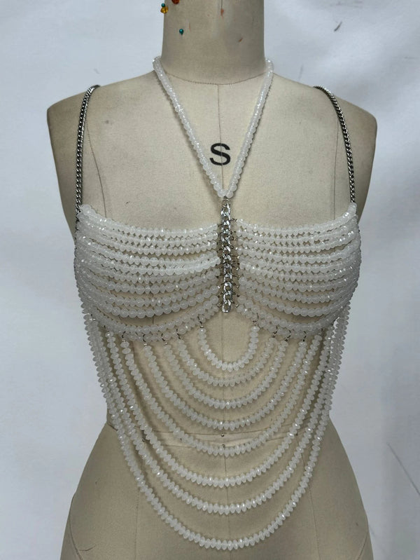 Elara Rhinestone Beaded Halter Crop Top