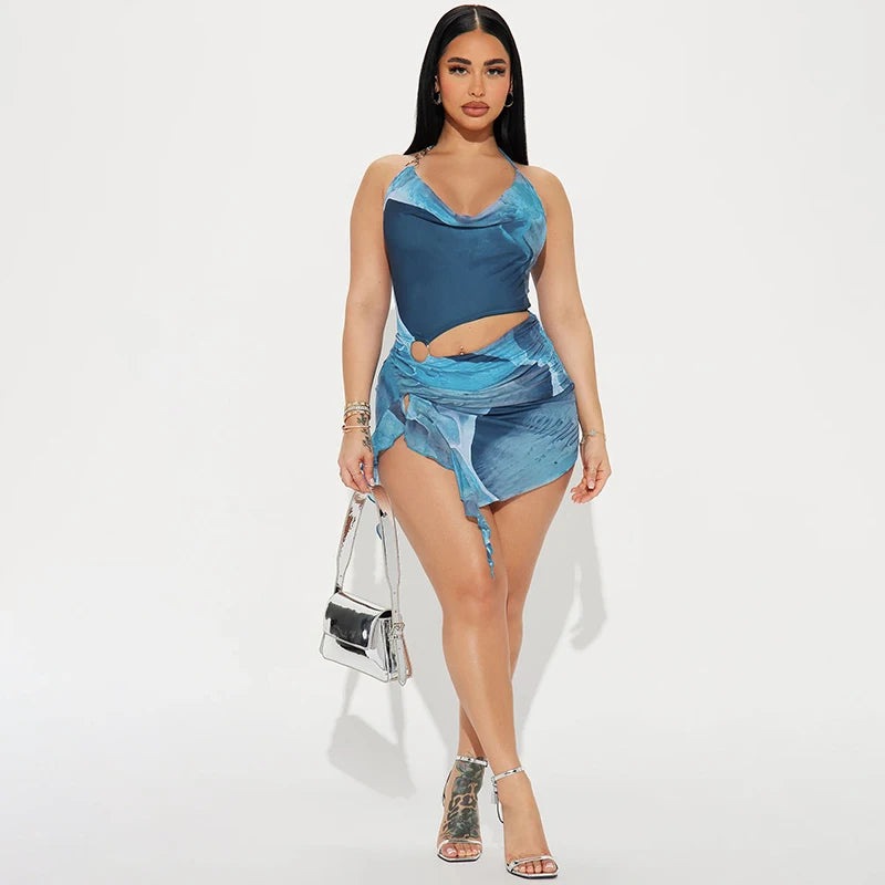 Eliana Scenery-Print Halter Ruffle Mini Dress