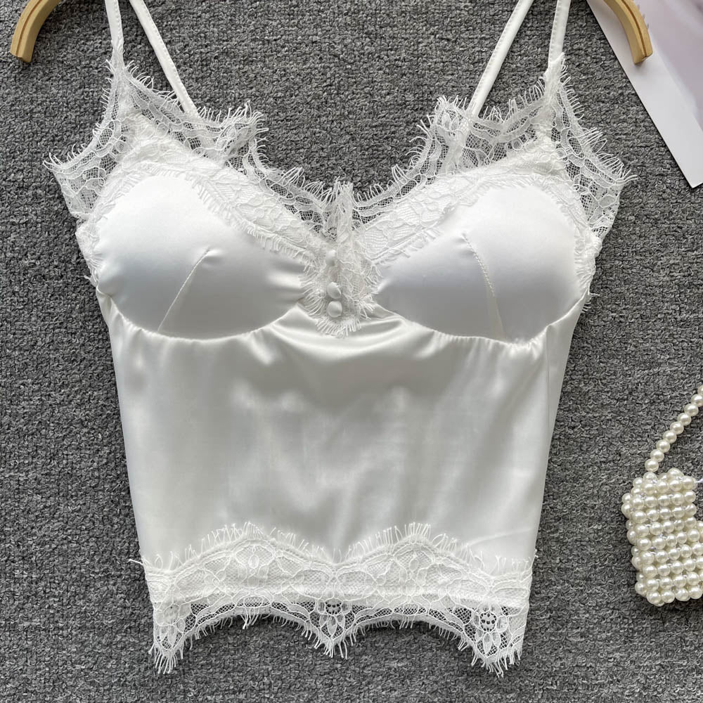 Women Satin Splicing Lace Camis Back Folds Tank Top Pink With Chest Pad Corset Backless Sleeveless Slim Bralette Sexy Crop Tops