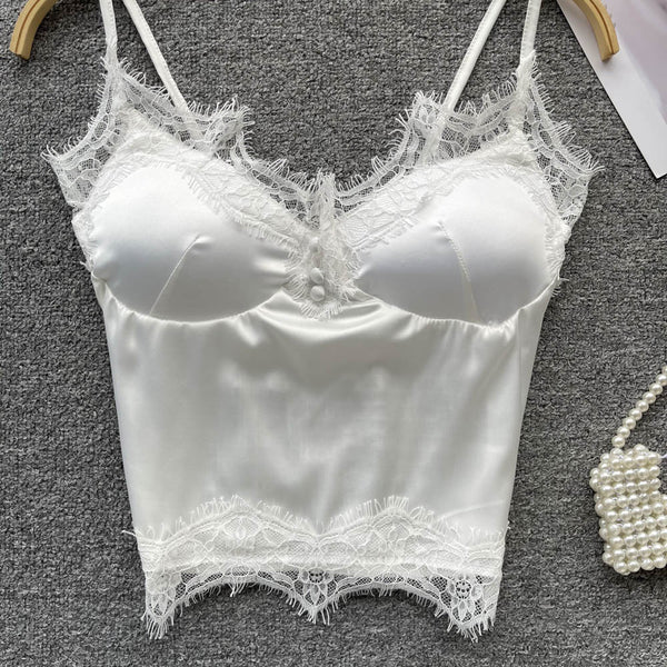 Women Satin Splicing Lace Camis Back Folds Tank Top Pink With Chest Pad Corset Backless Sleeveless Slim Bralette Sexy Crop Tops