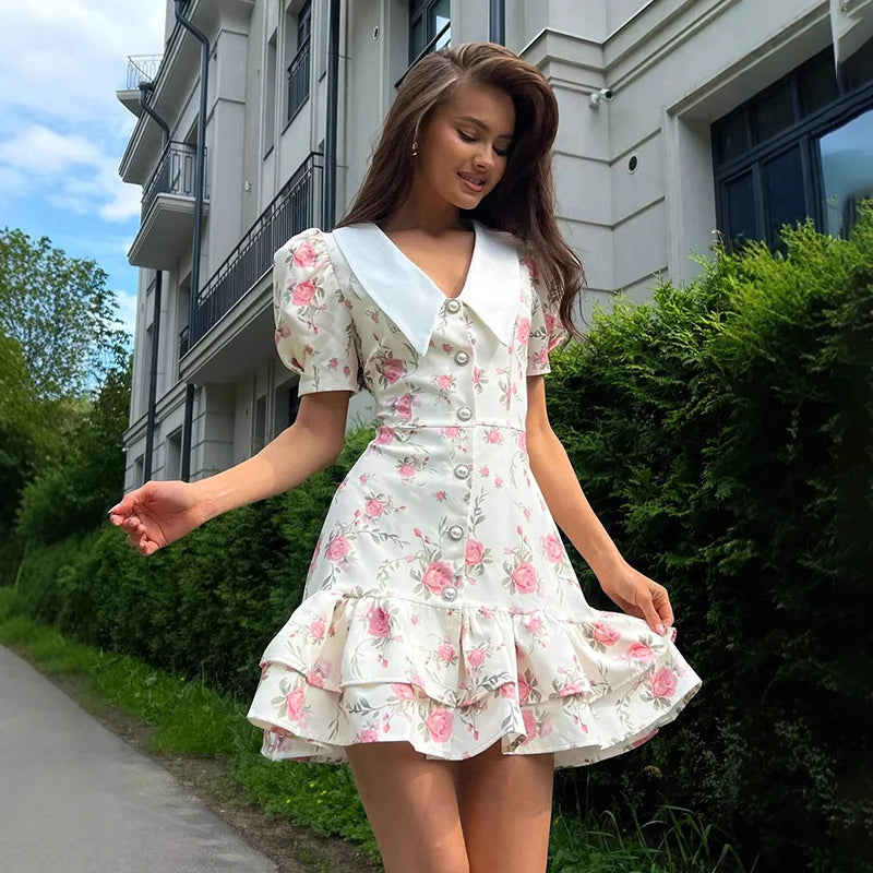 Gisella Floral Collared Puff-Sleeve Pearl-Button Ruffle Mini Dress