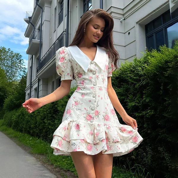 Gisella Floral Collared Puff-Sleeve Pearl-Button Ruffle Mini Dress
