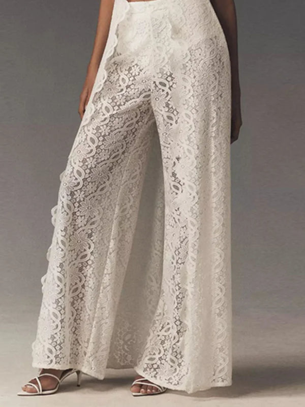 Fiora Sheer Floral-Lace Wide-Leg Pants Set Two-piece