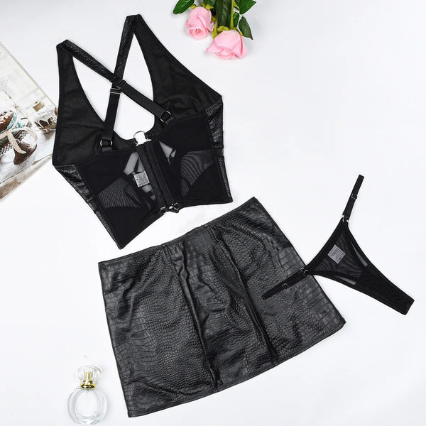 Raven Faux-Leather Lace-Up Cross-Halter Lingerie Mini Skirt Set Two-piece