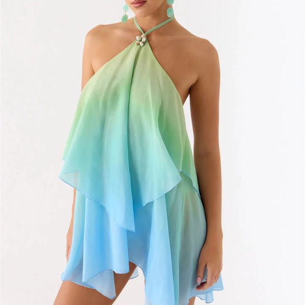 Lana Gradient Halter Tie-Up Ruffle Sleeveless Mini Dress