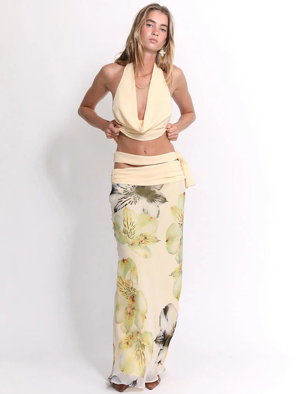 Undine Lace Ruched Halter Maxi Skirt One-piece