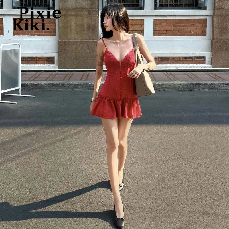 PixieKiki Spaghetti Strap Deep V Neck Pleated Mini Dress Sexy Red Summer Dresses Trendy Clothes Woman 2026 P33-EE12
