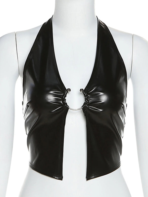Sexy halter black leather corset Crop Top Women summer rave club Party Tank Top y2k streetwear PU womens Tops gothic clothes hot
