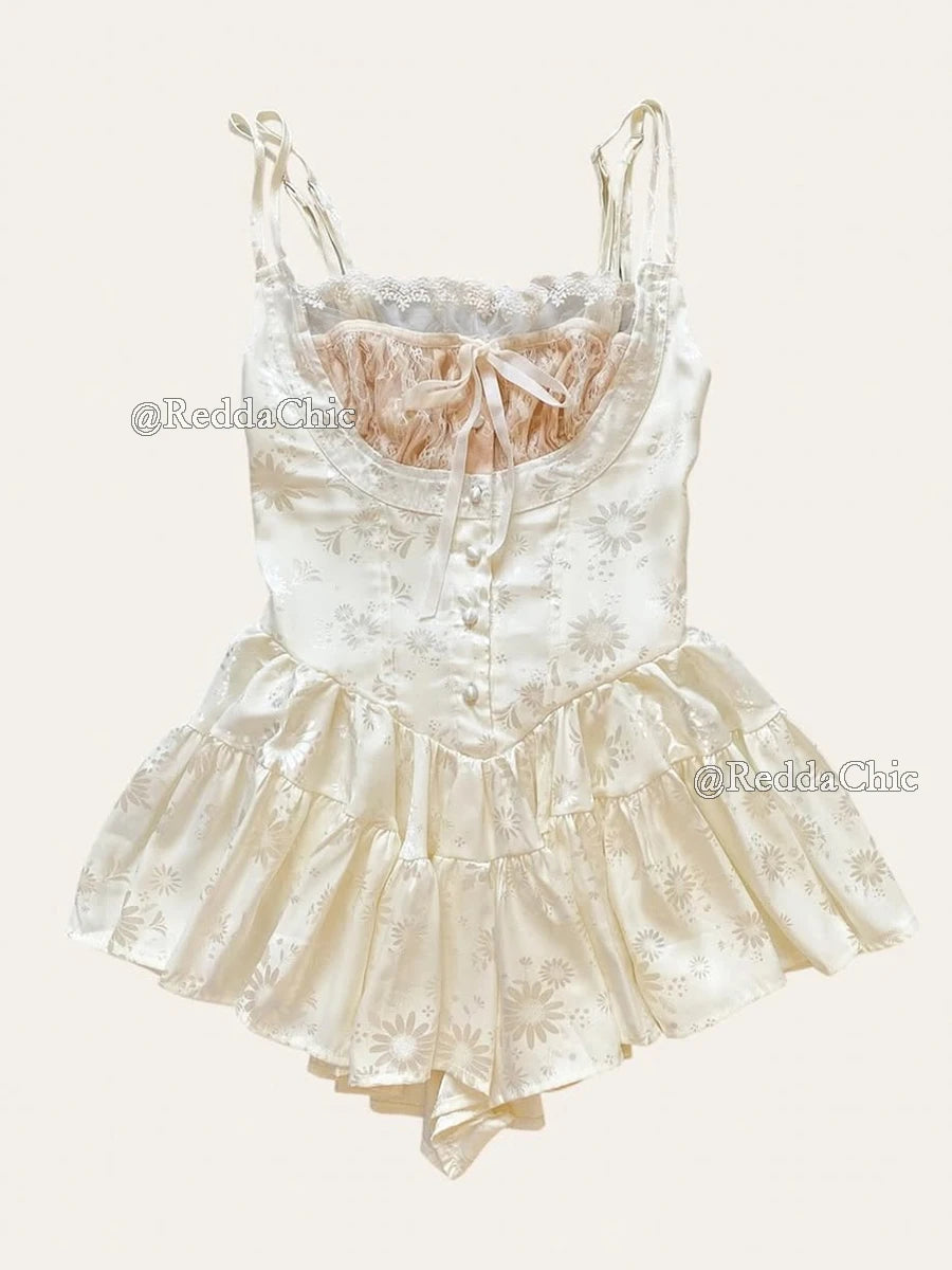 Fenella Satin Floral Jacquard Lace-Trim Corset Romper One-piece