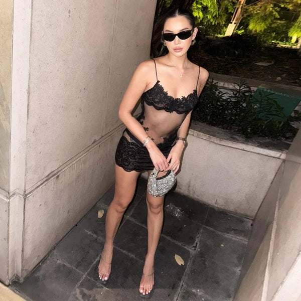 Verbena Sheer Lace Appliqué Mesh Cami Bodycon Mini Dress