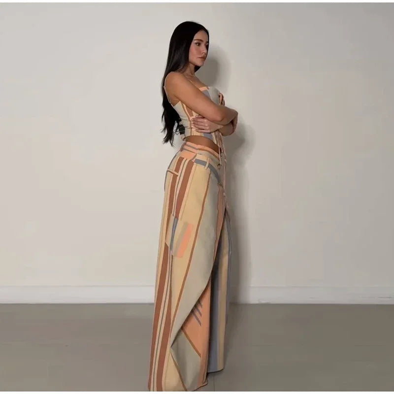 Valentina Striped Lace-Up Tube Top & Wrap Wide-Leg Pants Two-piece