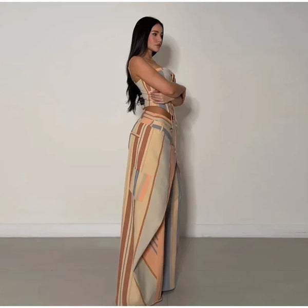 Valentina Striped Lace-Up Tube Top & Wrap Wide-Leg Pants Two-piece