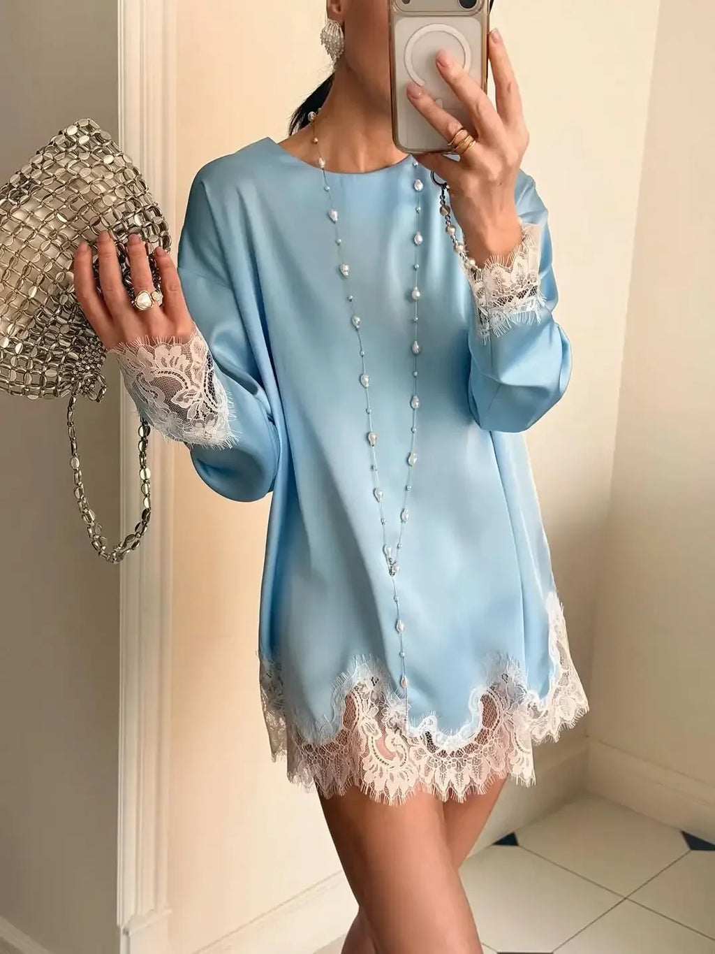 Amara Satin Lace Long-Sleeve Mini Dress